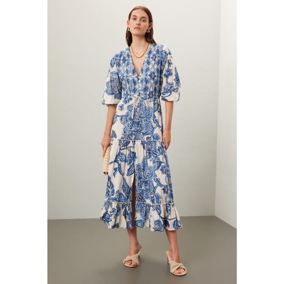 FIFTEEN TWENTY Blue Floral 100% Cotton V-Neck Tiered A-Line Dress Size Small